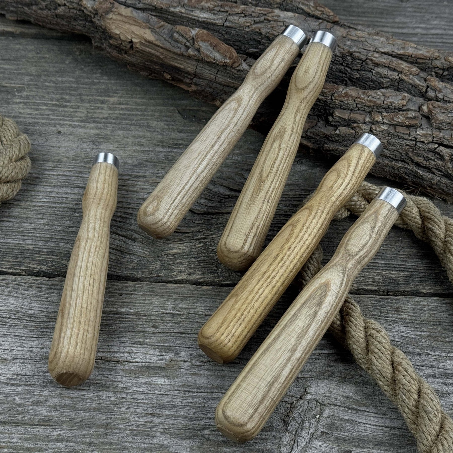 Set of 5 Ash Wood Handles for Chisels and Gouges with Aluminum Rings