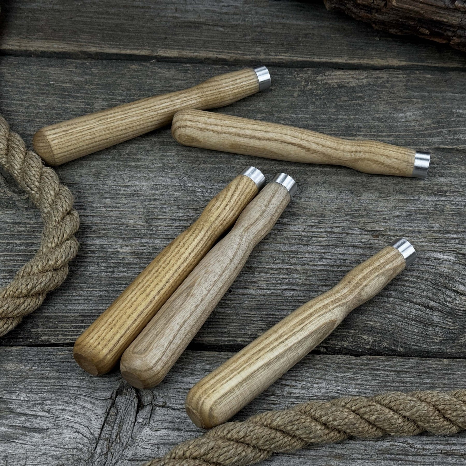 Set of 5 Ash Wood Handles for Chisels and Gouges with Aluminum Rings