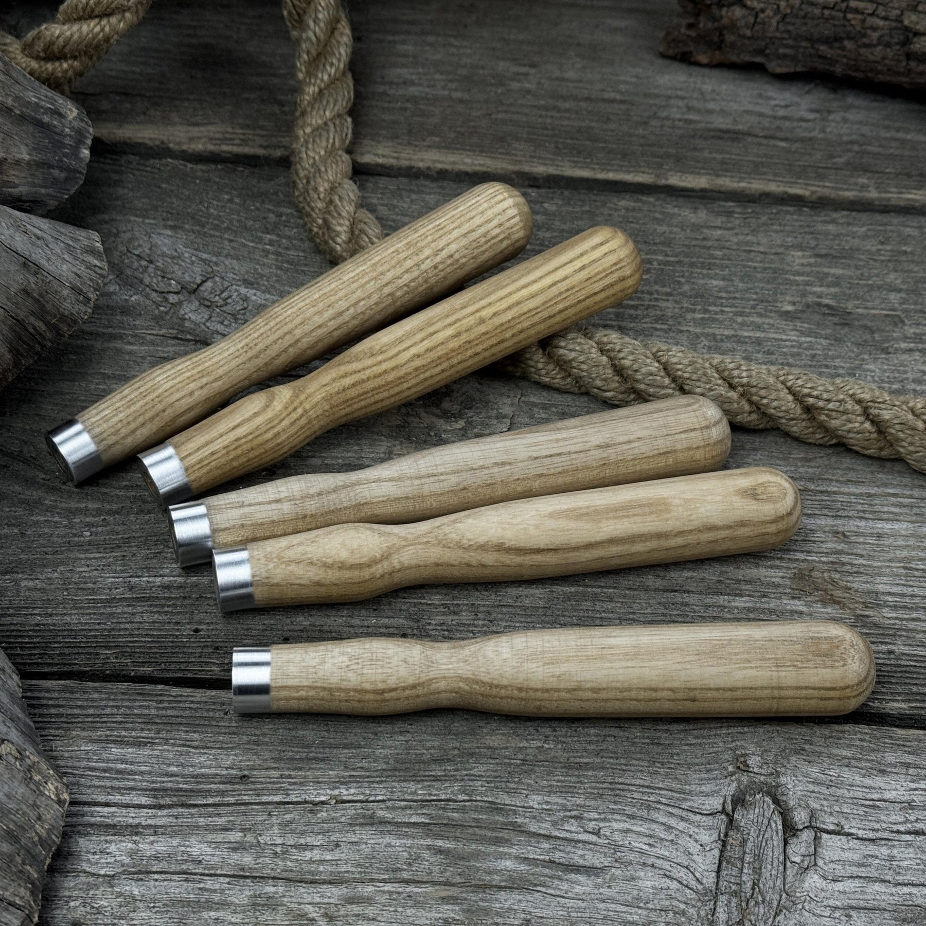 Set of 5 Ash Wood Handles for Chisels and Gouges with Aluminum Rings