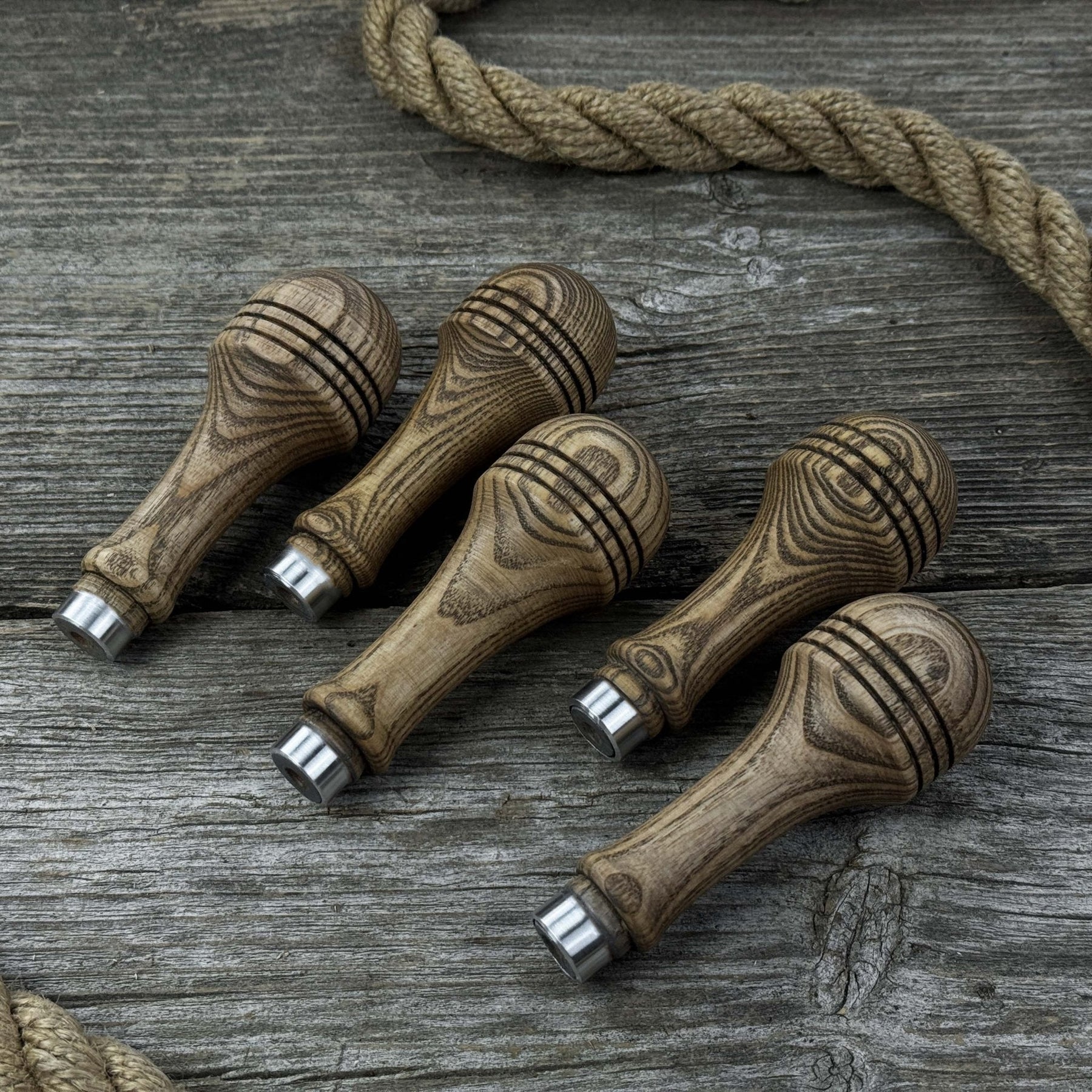 Set of 5 Ash Wood Replacement Handles with Aluminum Rings