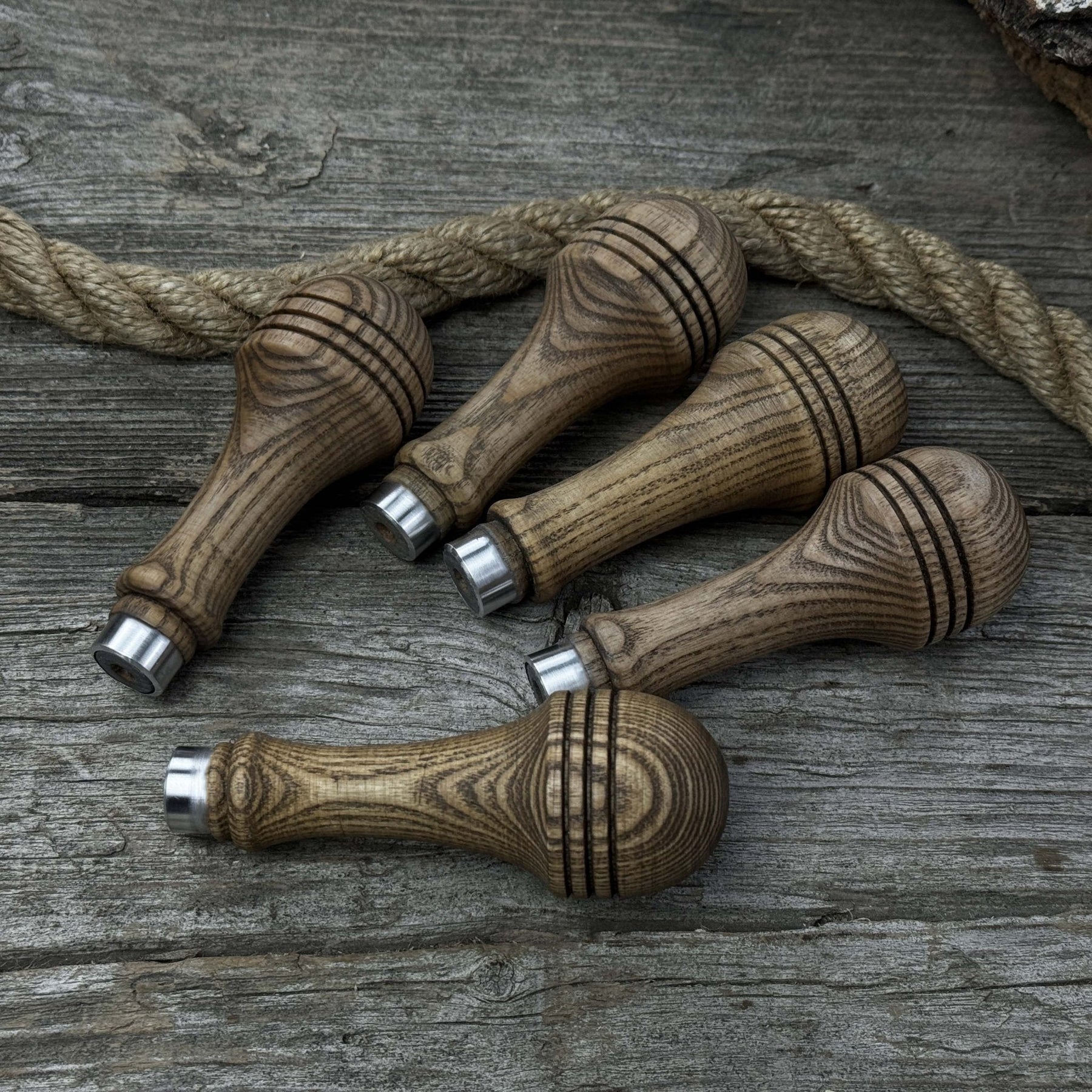 Set of 5 Ash Wood Replacement Handles with Aluminum Rings