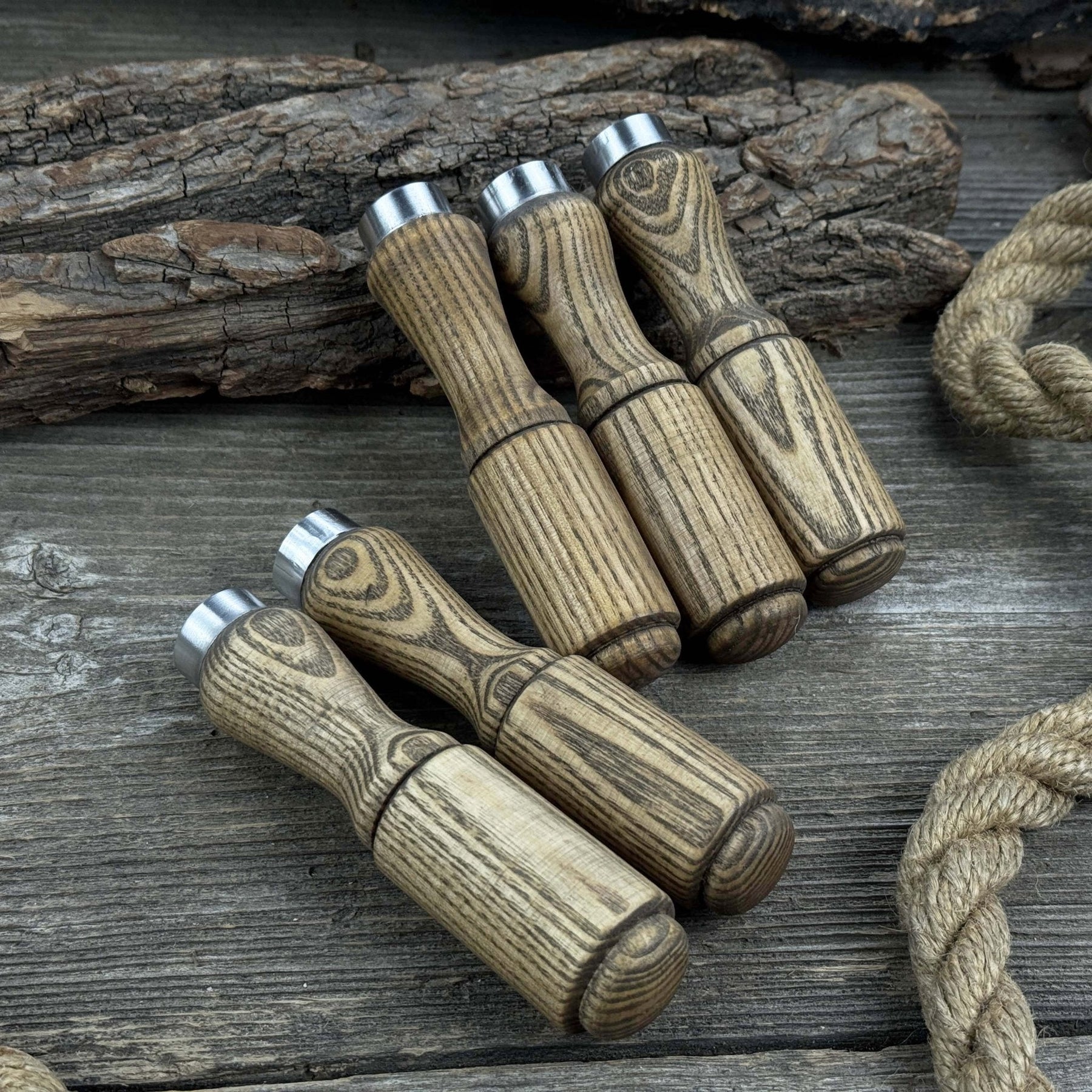 Set of 5 Ash Wood Tool Handles with Aluminum Rings