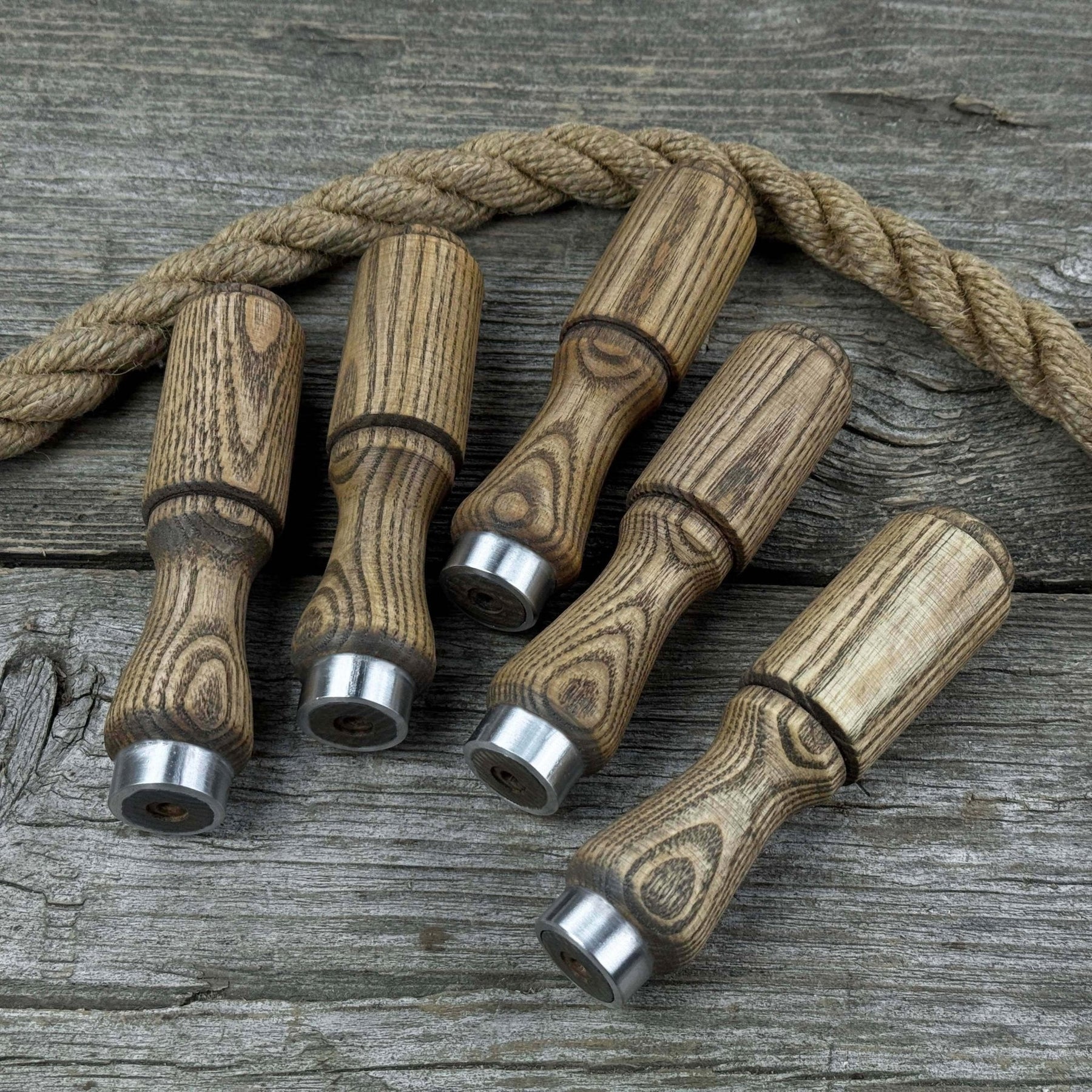 Set of 5 Ash Wood Tool Handles with Aluminum Rings