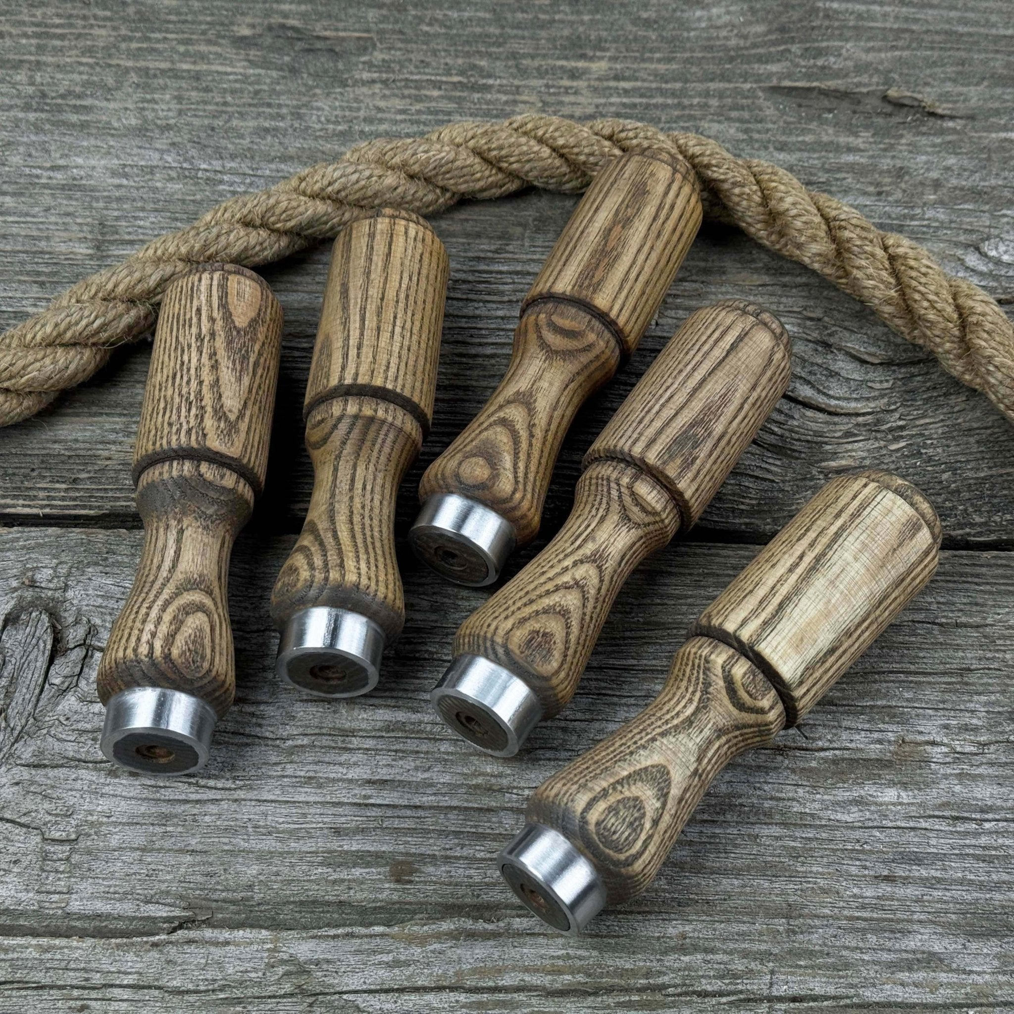 Set of 5 Ash Wood Tool Handles with Aluminum Rings