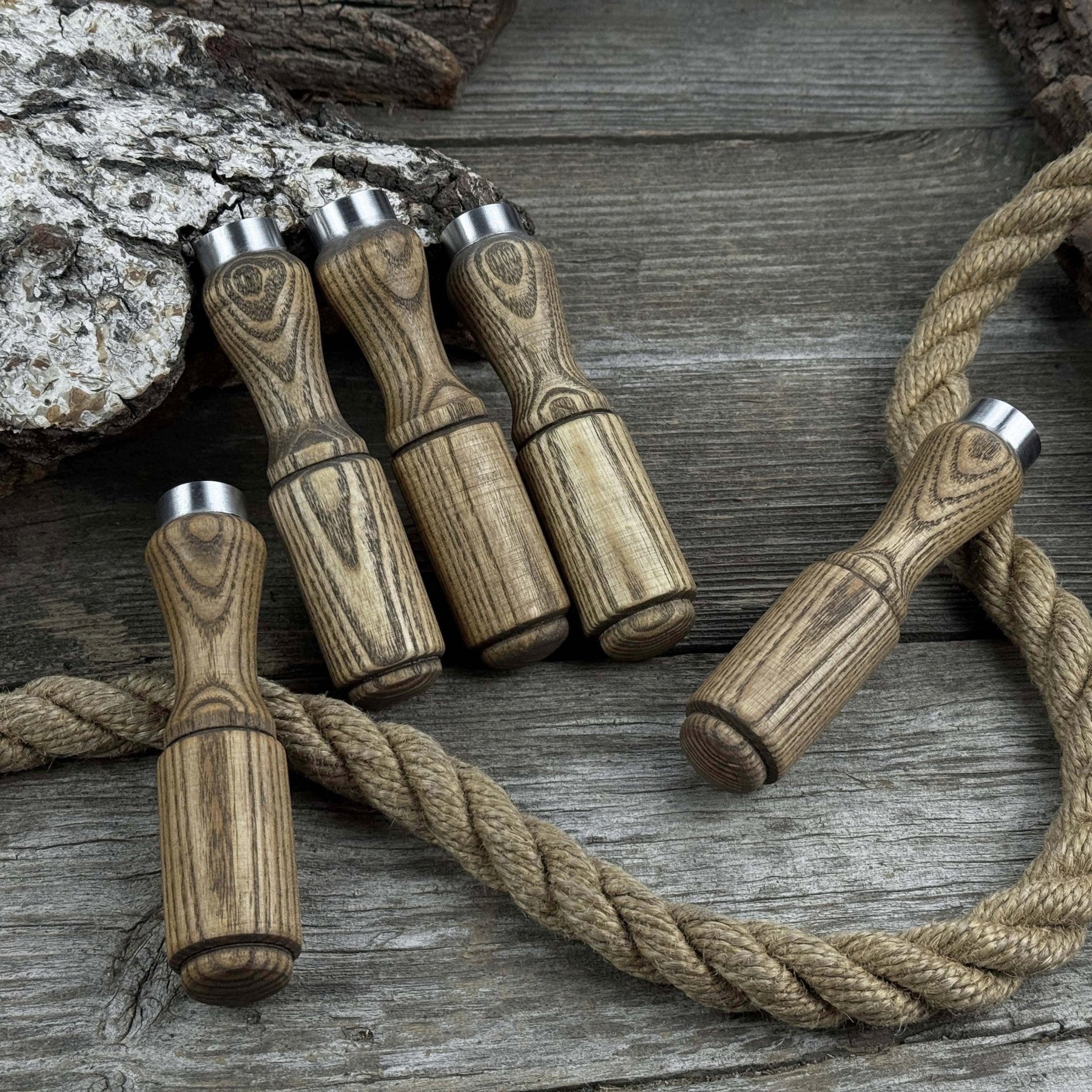 Set of 5 Ash Wood Tool Handles with Aluminum Rings