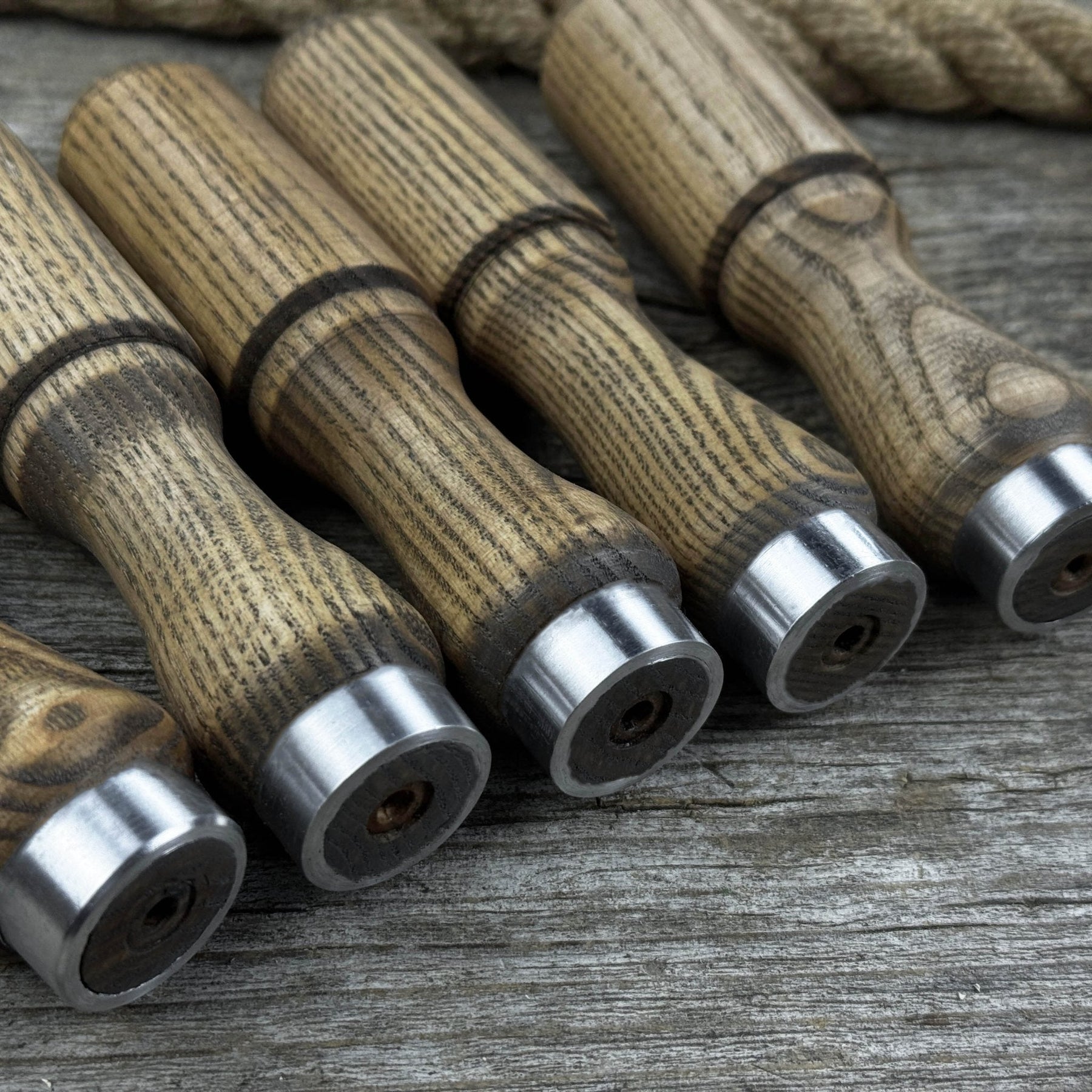 Set of 5 Ash Wood Tool Handles with Aluminum Rings