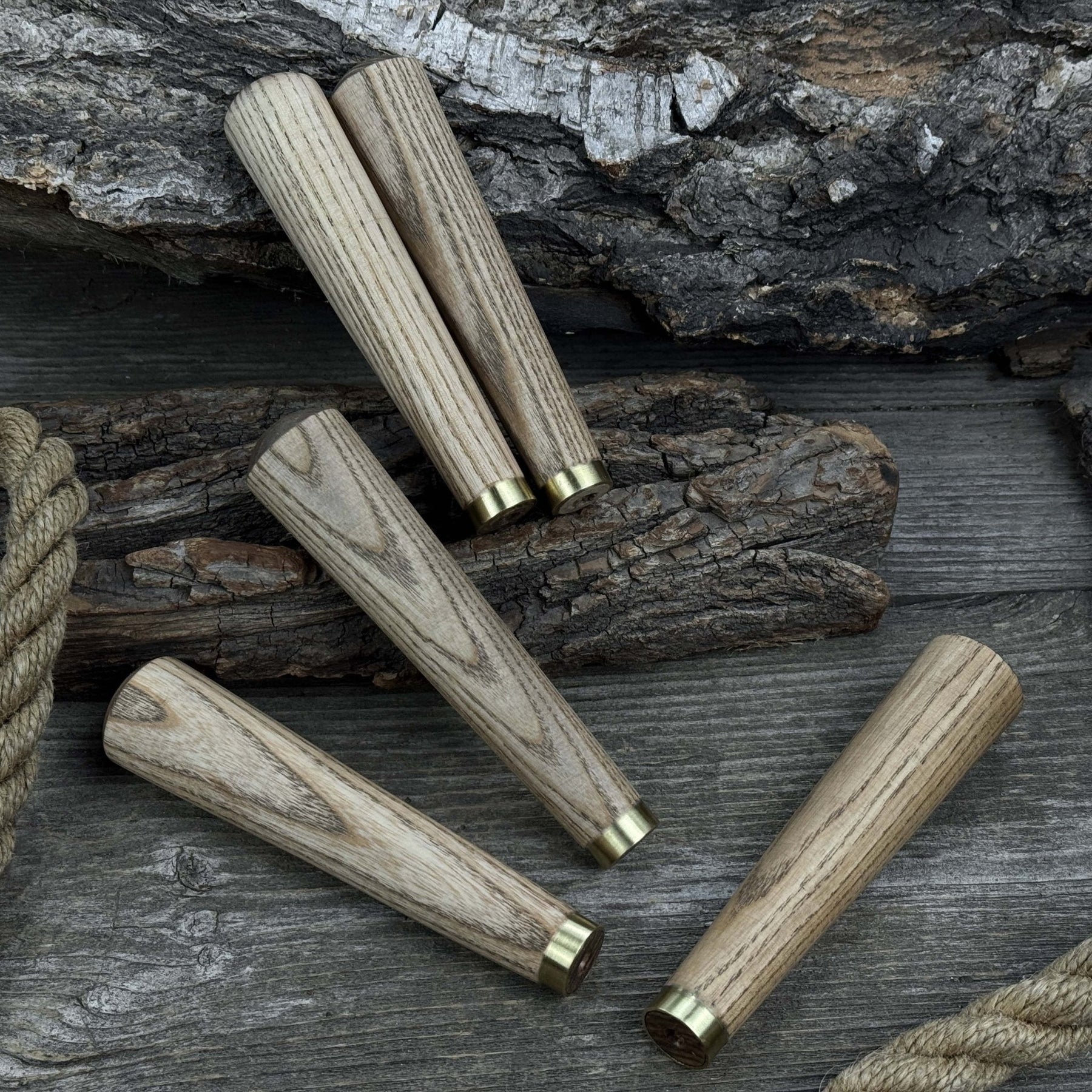 Set of 5 Tapered Ash Wood Handles with Brass Rings