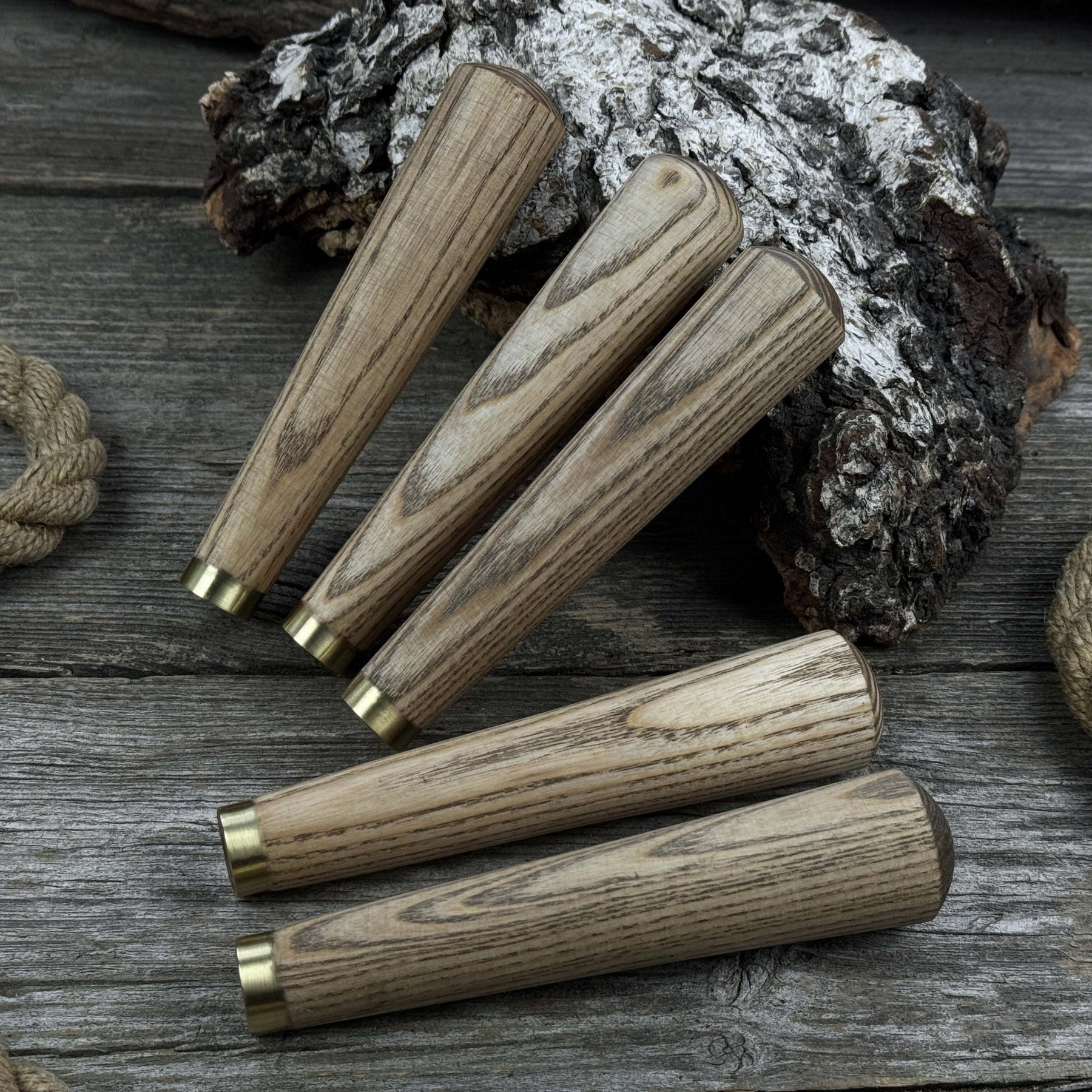 Set of 5 Tapered Ash Wood Handles with Brass Rings