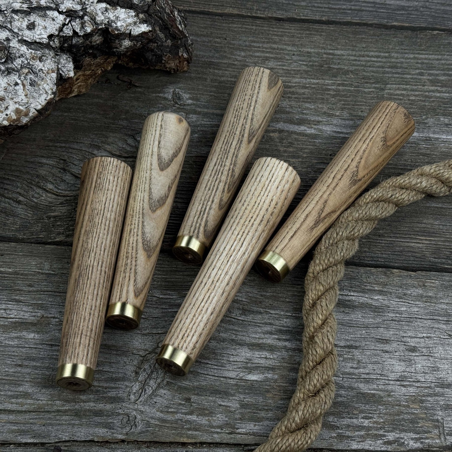 Set of 5 Tapered Ash Wood Handles with Brass Rings