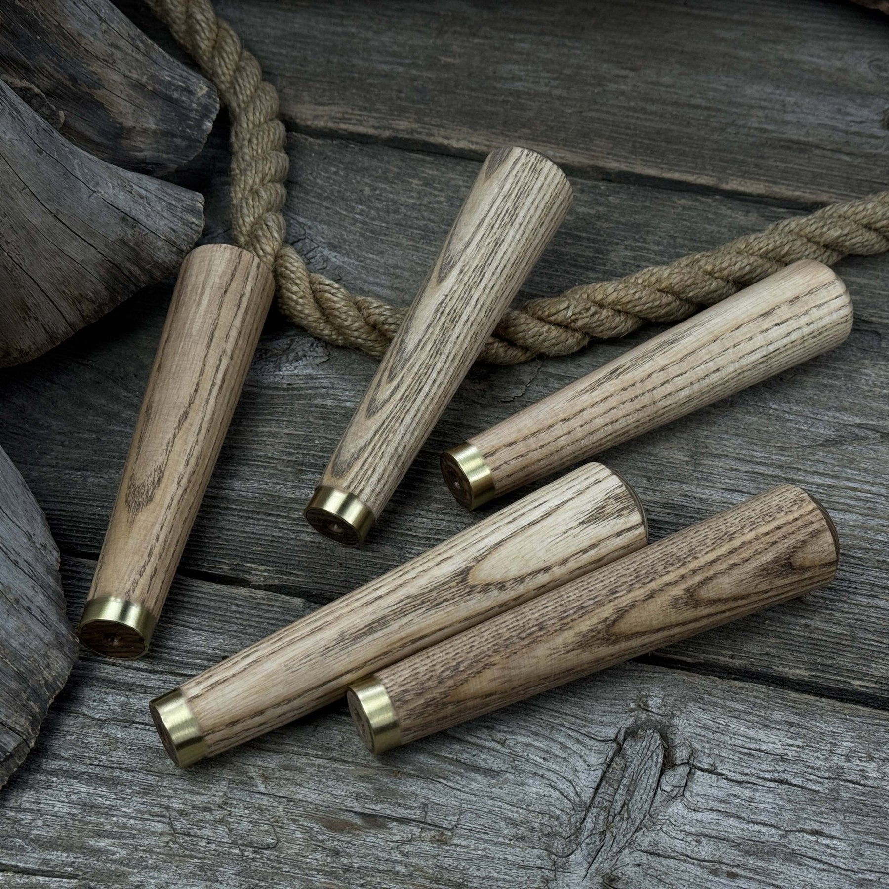 Set of 5 Tapered Ash Wood Handles with Brass Rings