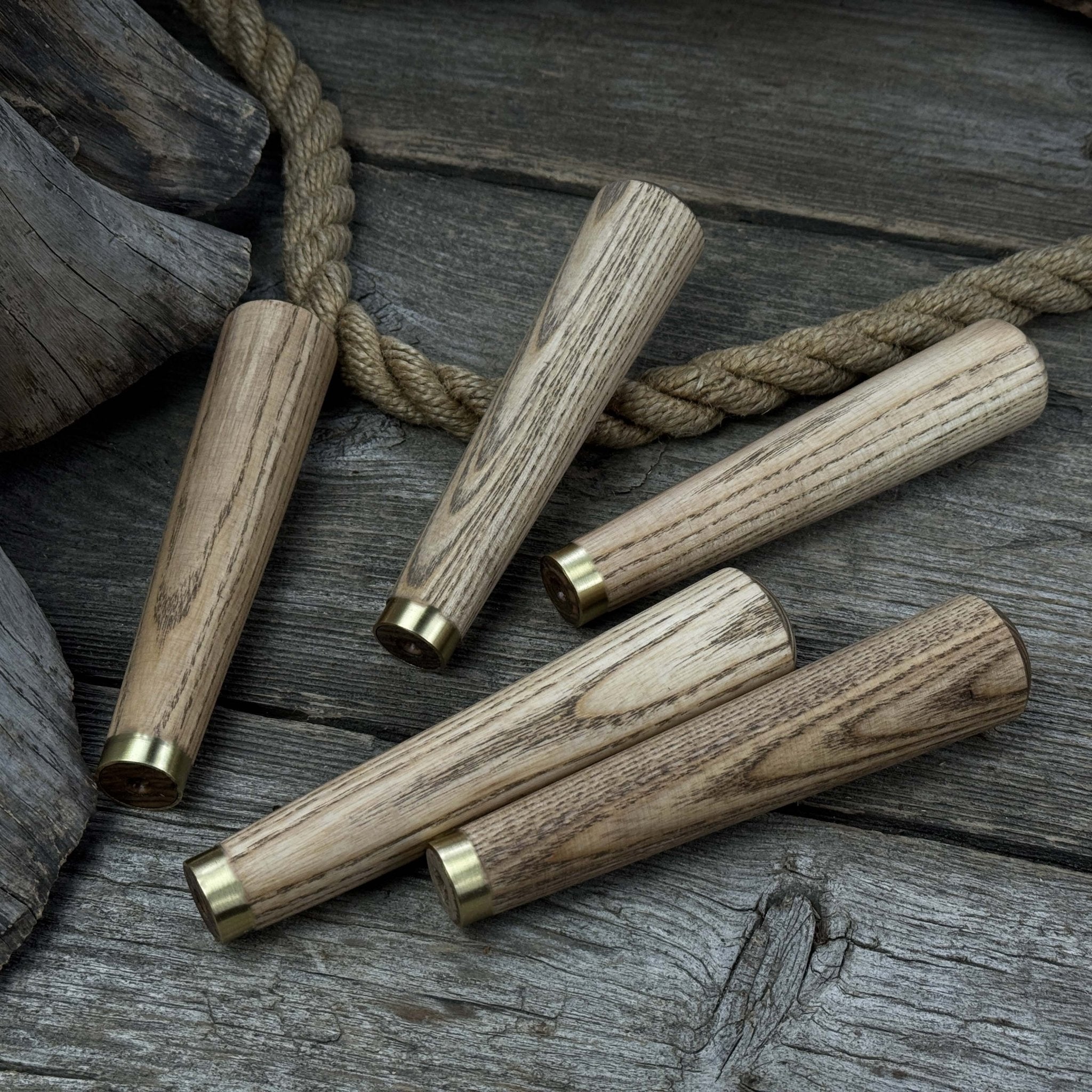 Set of 5 Tapered Ash Wood Handles with Brass Rings