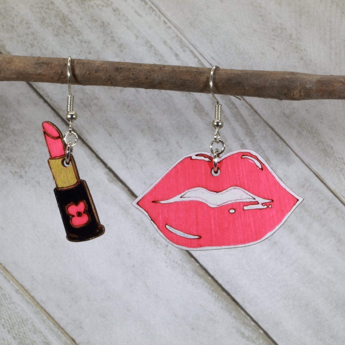 Lips and Lipstick Wooden Dangle Earrings | Glam Beauty Jewelry