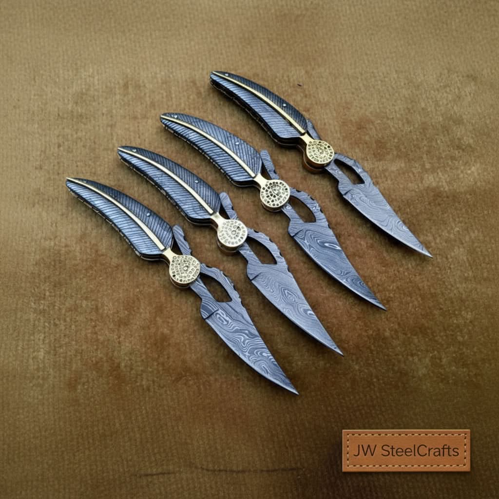 Handmade Damascus Folding Knife Set of 4 – Matching Pocket Knives with Decorative Spine by JW SteelCrafts