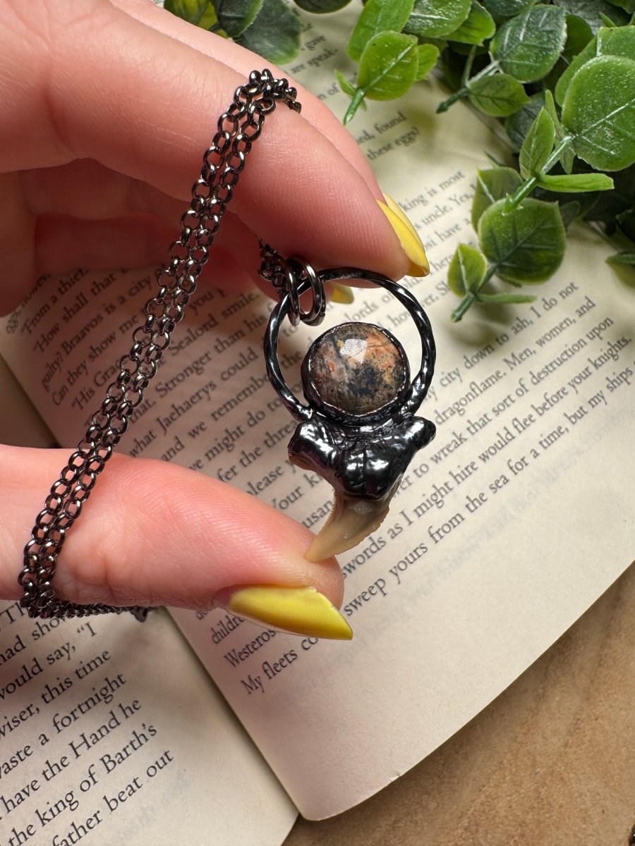 Shark Tooth and Leopard Skin Jasper Necklace