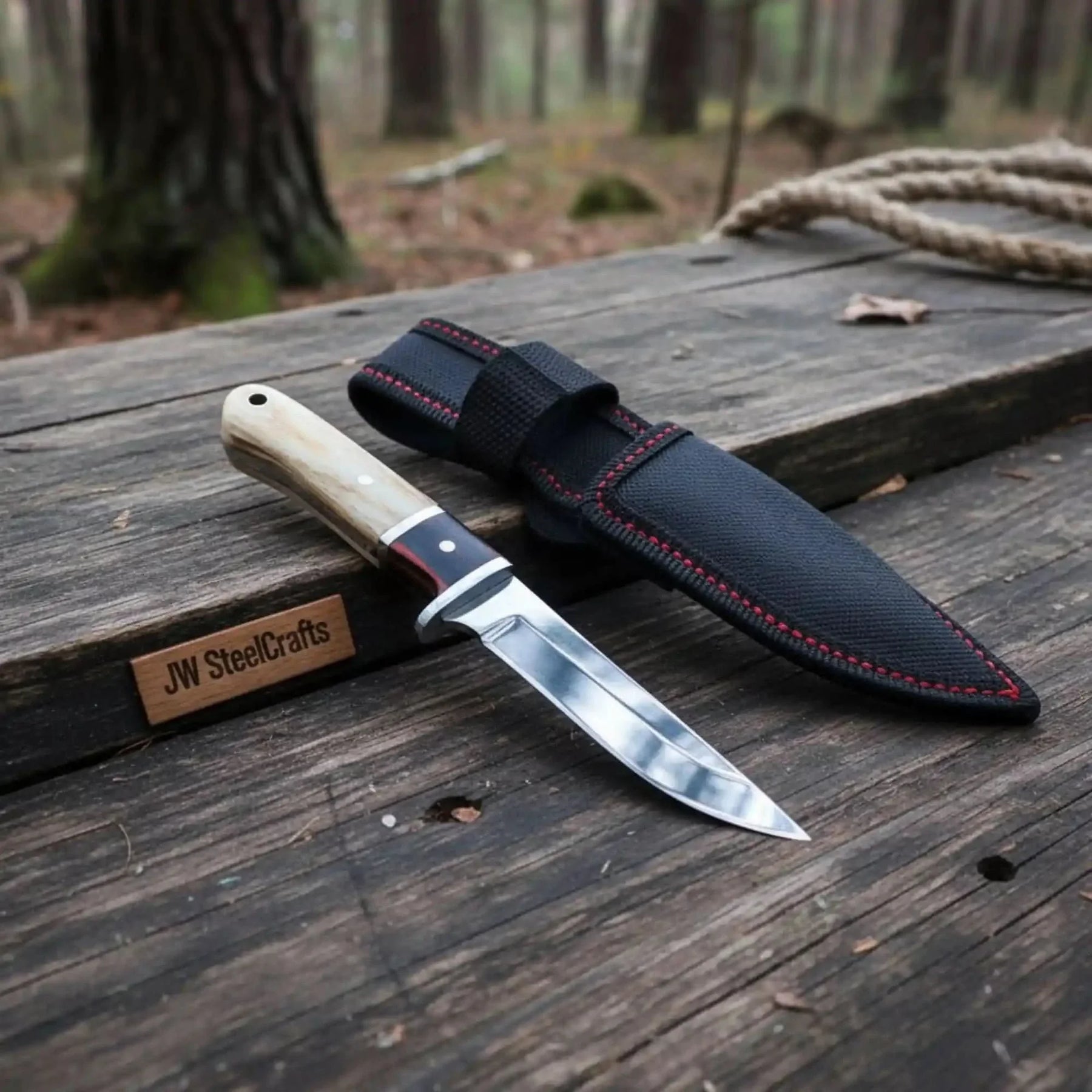 Handmade stainless steel steel knife with bone handle on dark surface
