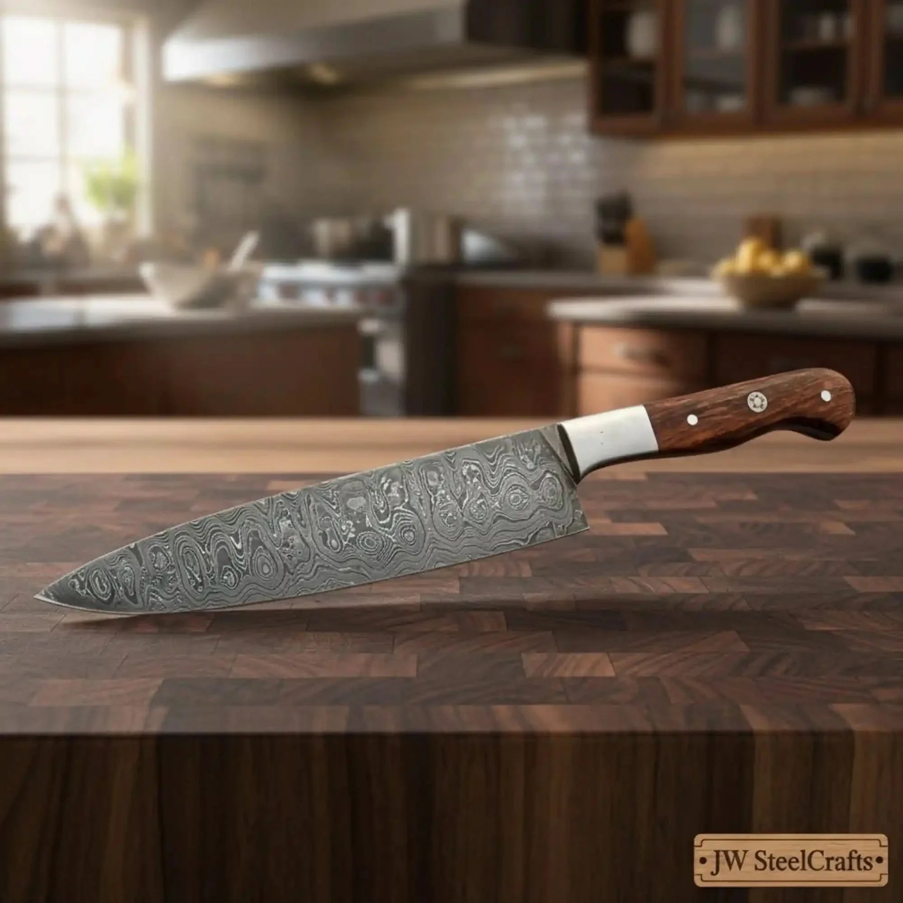 Handmade damascus steel knife with wood handle on dark surface