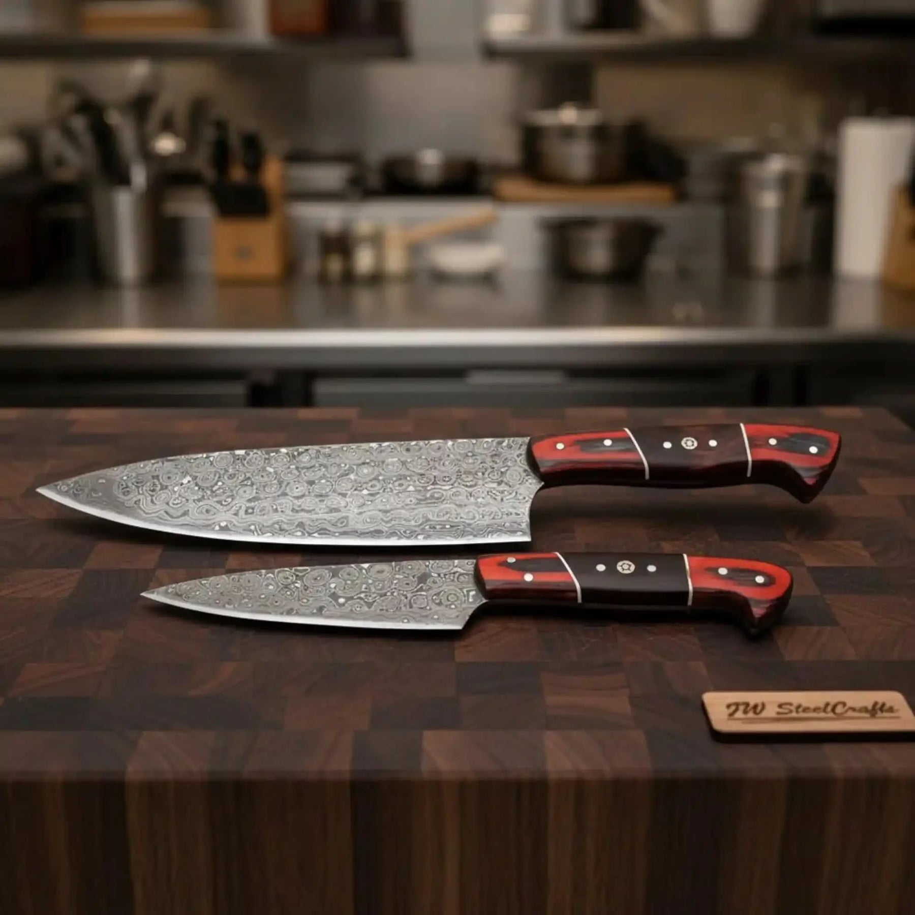 Handmade damascus steel knife with wood handle on dark surface