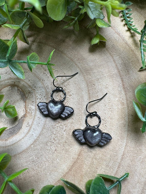 Silver Sheen Obsidian Angel Heart Earrings