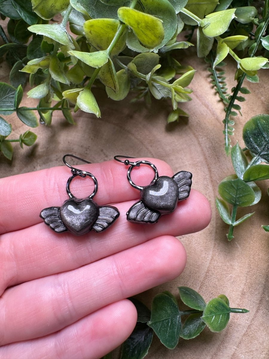 Silver Sheen Obsidian Angel Heart Earrings