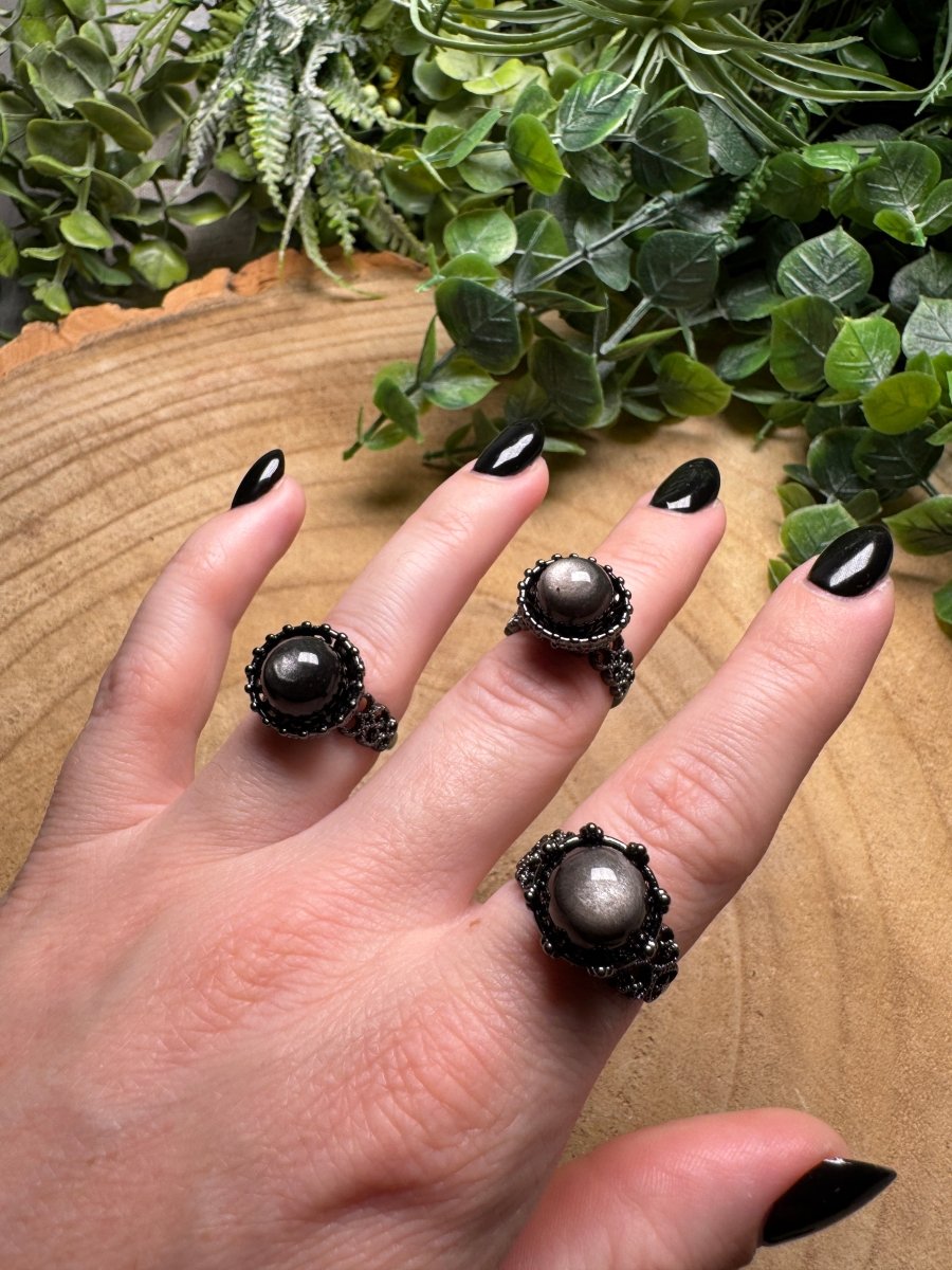 Silver Sheen Obsidian Ring Adjustable