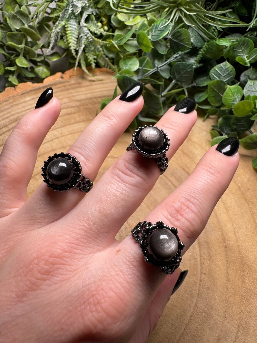 Silver Sheen Obsidian Ring Adjustable