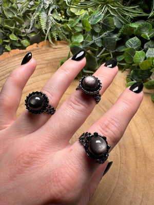 Silver Sheen Obsidian Ring Adjustable