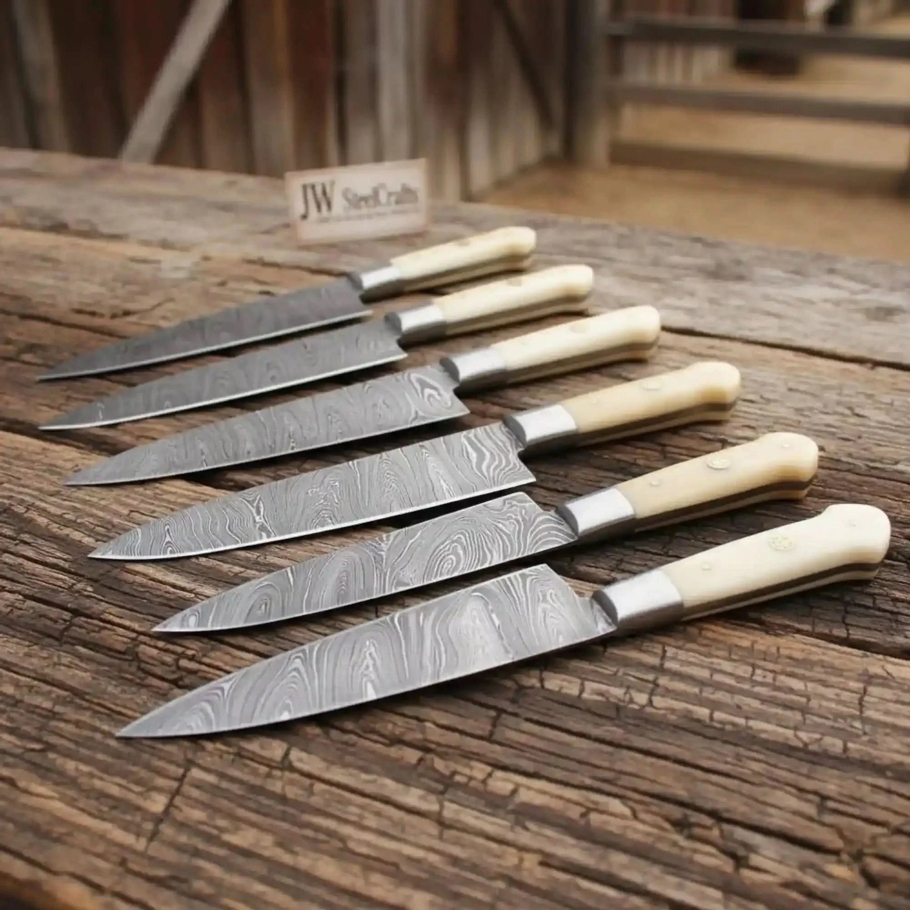 Artisan 7-Piece Damascus Steak Knife Set — Bone Handles, Mosaic Pins & Steel Bolsters by JW SteelCrafts