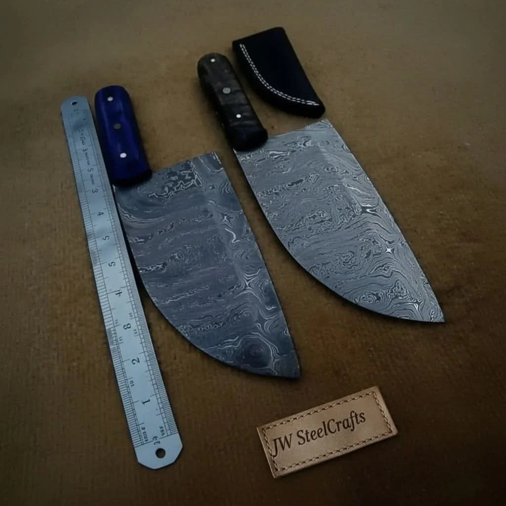 Handmade damascus steel knife with wood handle on dark surface