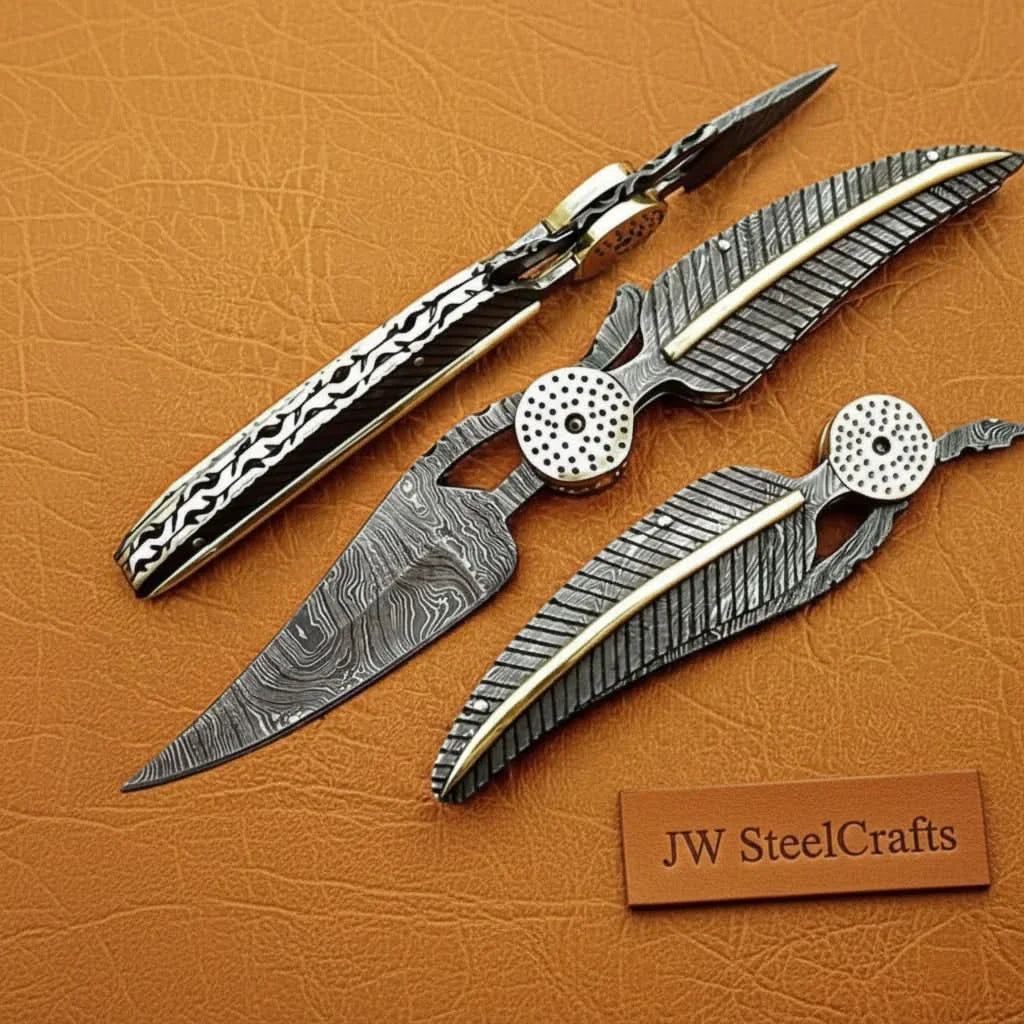 Damascus Steel Folding Knife with Sculpted Feather Handle & Brass Inlay | Handcrafted EDC Pocket Knife by JW SteelCrafts, Damascus knife main product photo