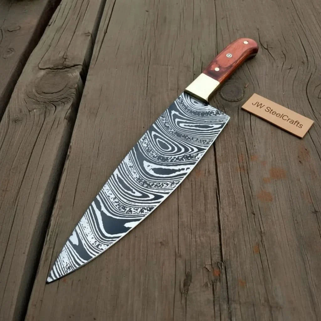 Handmade carbon steel steel knife with wood handle on dark surface