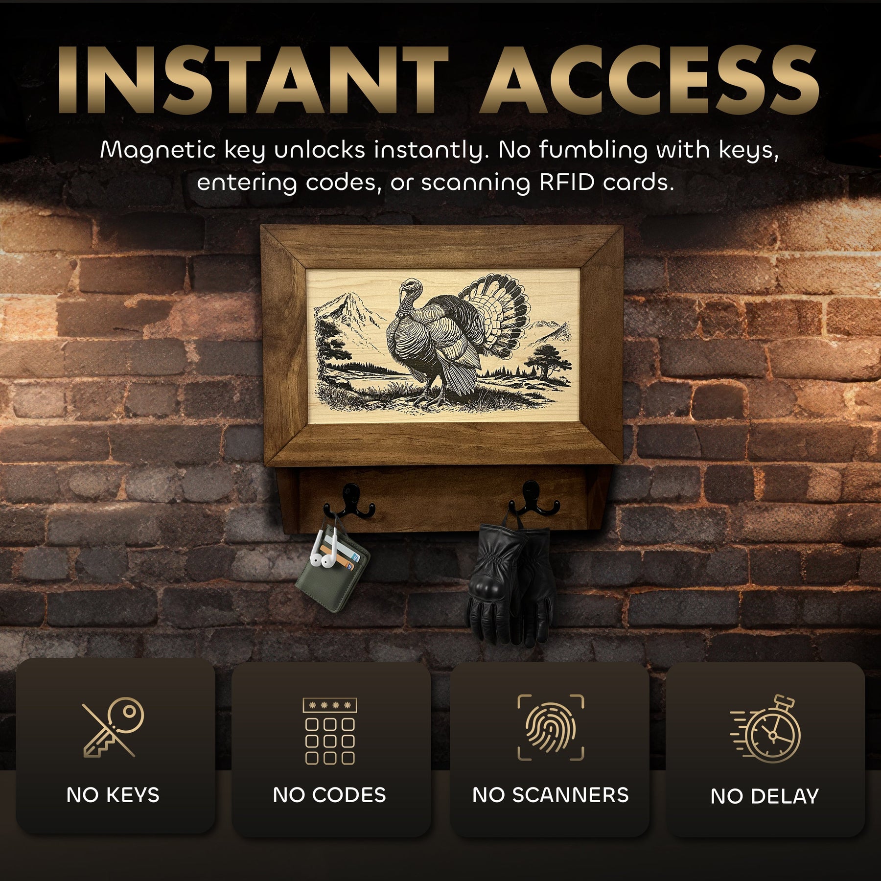 Wild Turkey Gobbler Gun Concealment Furniture - Handcrafted Hidden Gun Storage Wall Decor - Hidden Safe Furniture with Magnetic Lock for Quick Access & Storage
