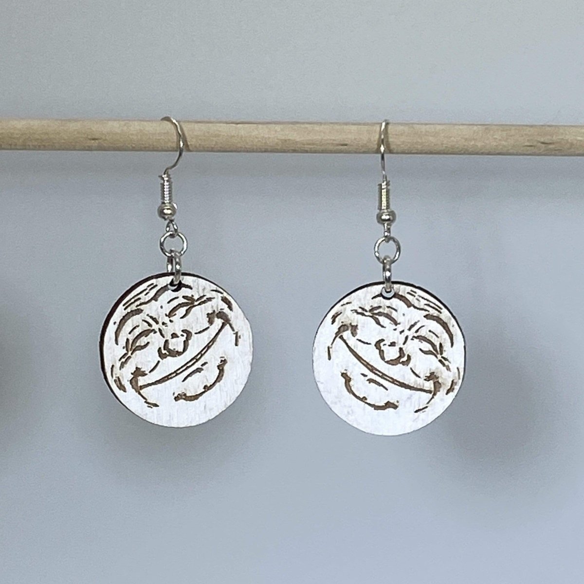 Smiling Moon Wooden Dangle Earrings | Celestial Night Jewelry