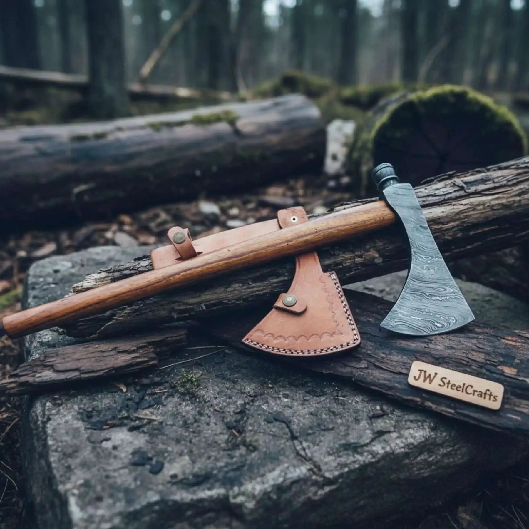 Damascus steel axe head with wood handle on rustic wood surface
