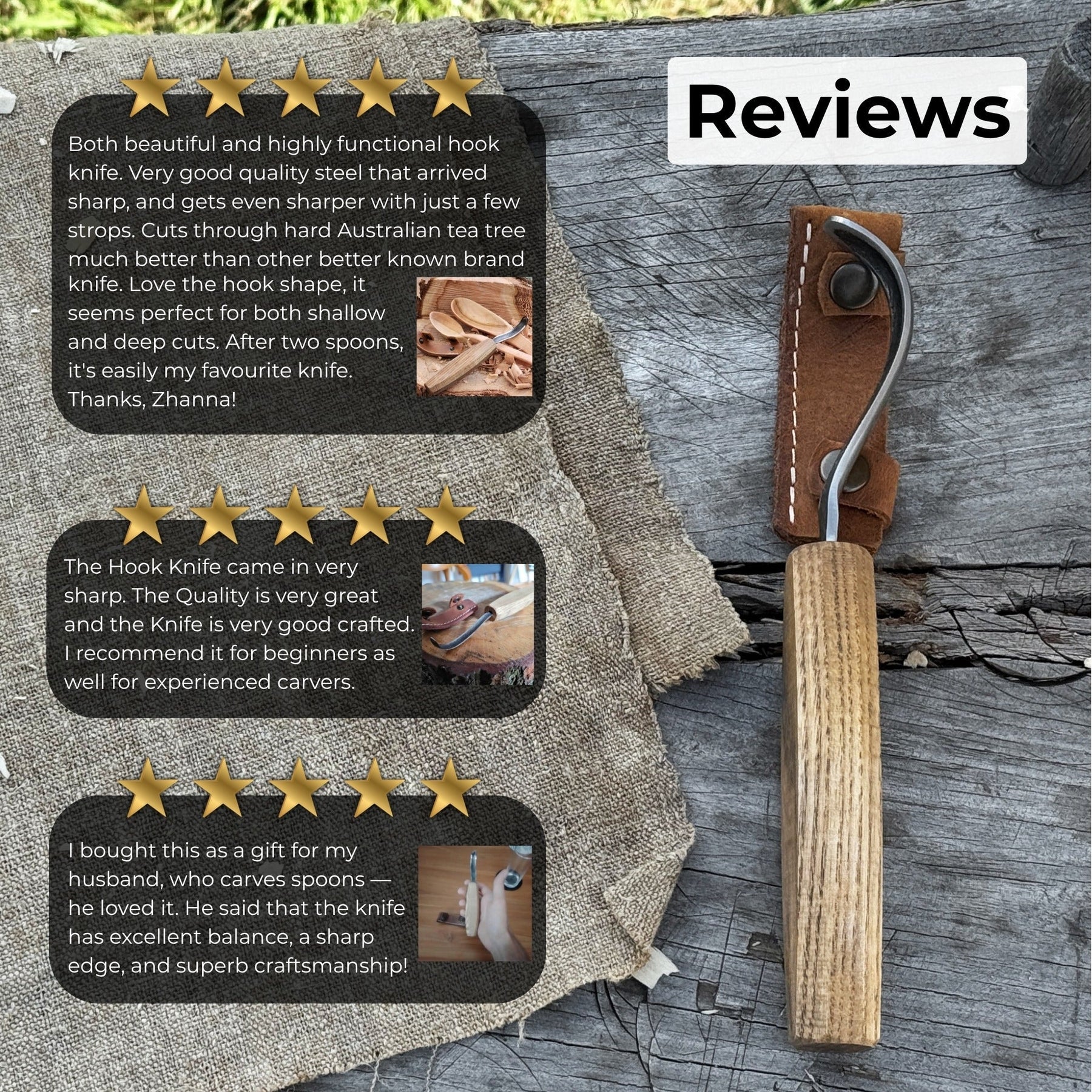 Spoon Carving Hook Knife – Long Curved Blade 7 cm (2.7 inches)