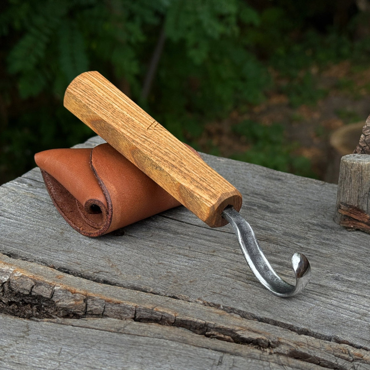 Spoon Carving Hook Knife with Leather Sheath by Sharky Forged Steel Tools — view 1
