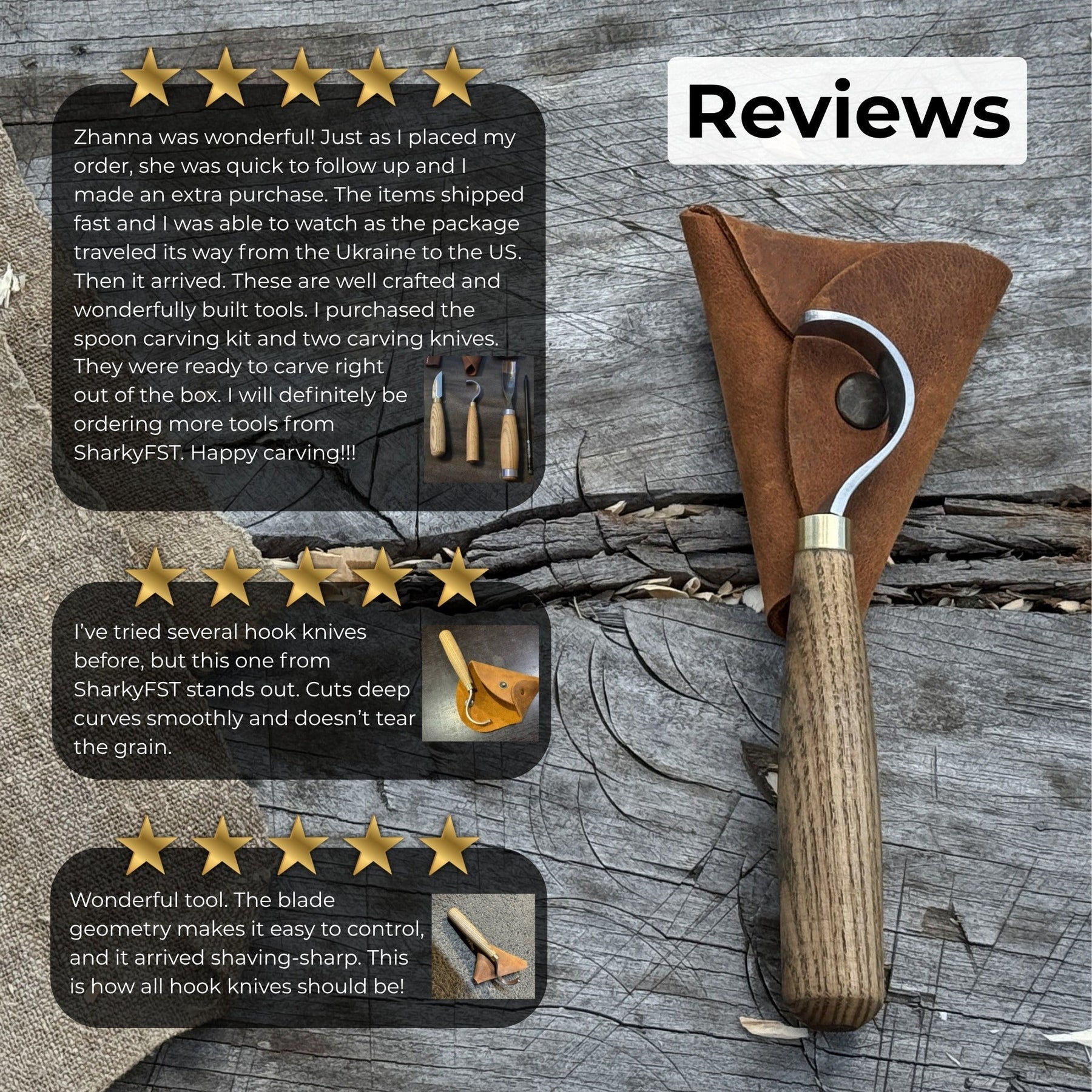 Spoon Carving Hook Knife with Leather Sheath, 3.5 cm (1.38 inches)