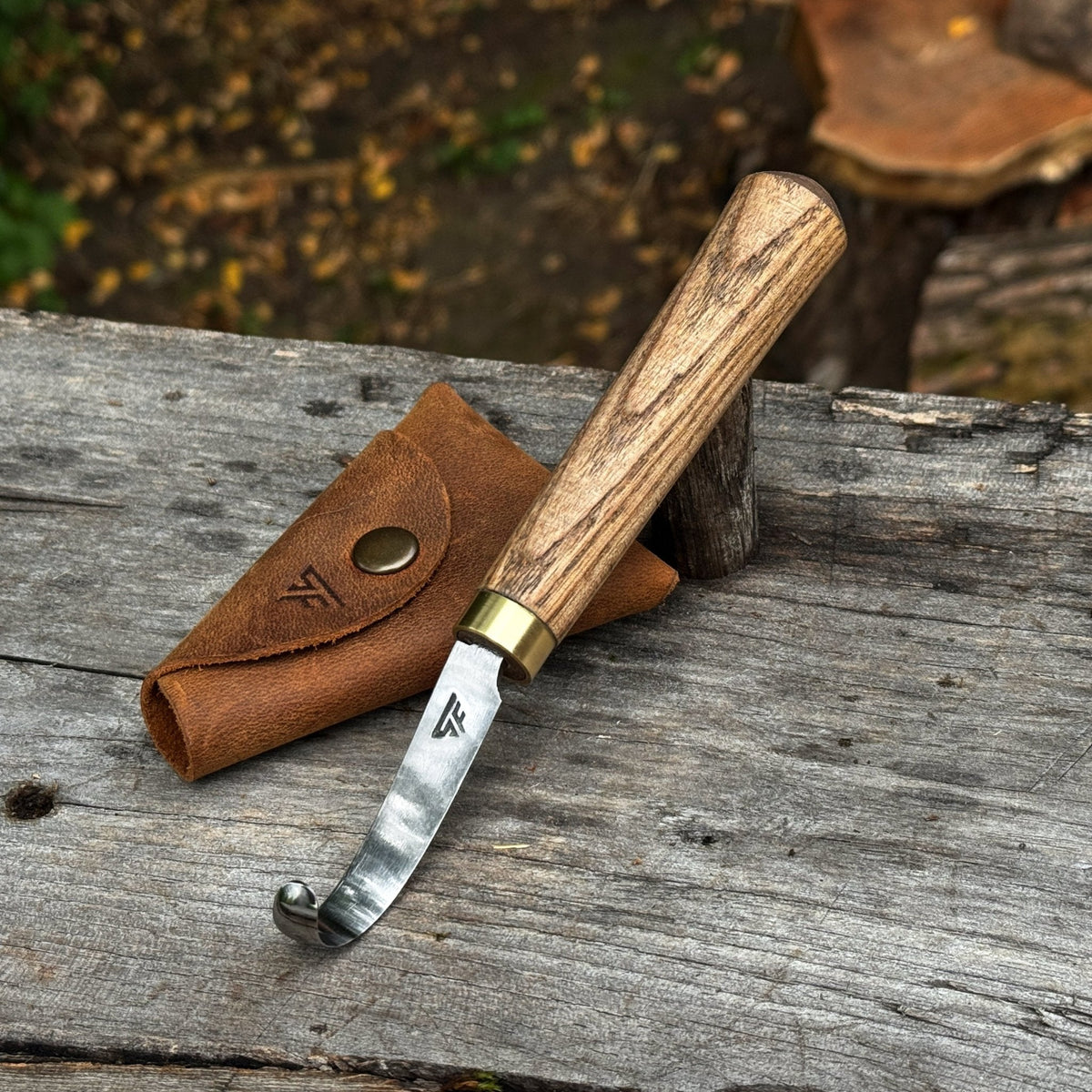 Spoon Carving Hook Knife with Leather Sheath by Sharky Forged Steel Tools — view 1