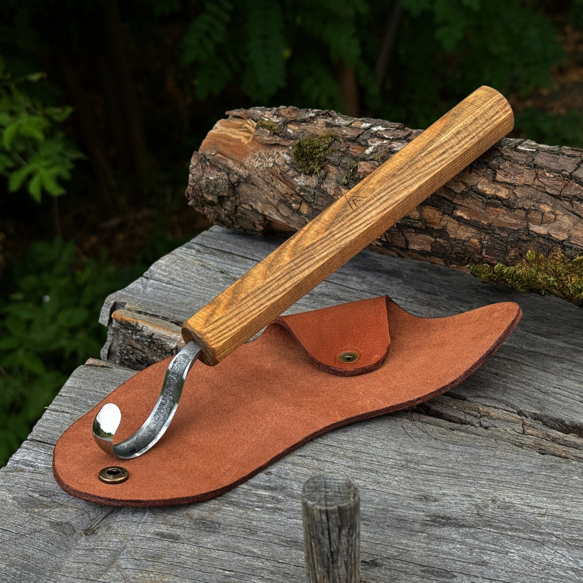 Spoon Carving Hook Knife with Leather Sheath by Sharky Forged Steel Tools — view 1