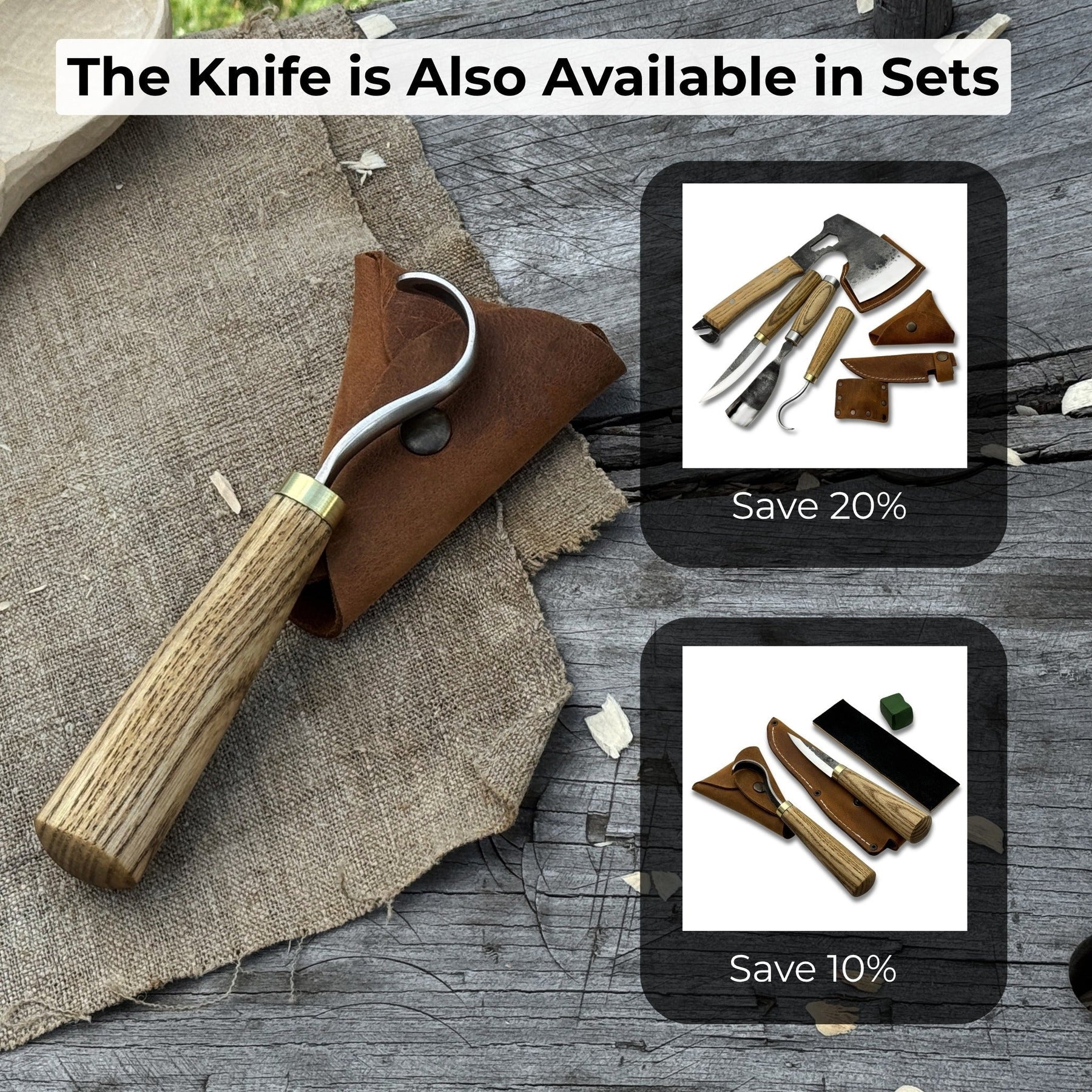 Spoon Carving Hook Knife with Leather Sheath, Blade 3.5 cm (1.38 inches)
