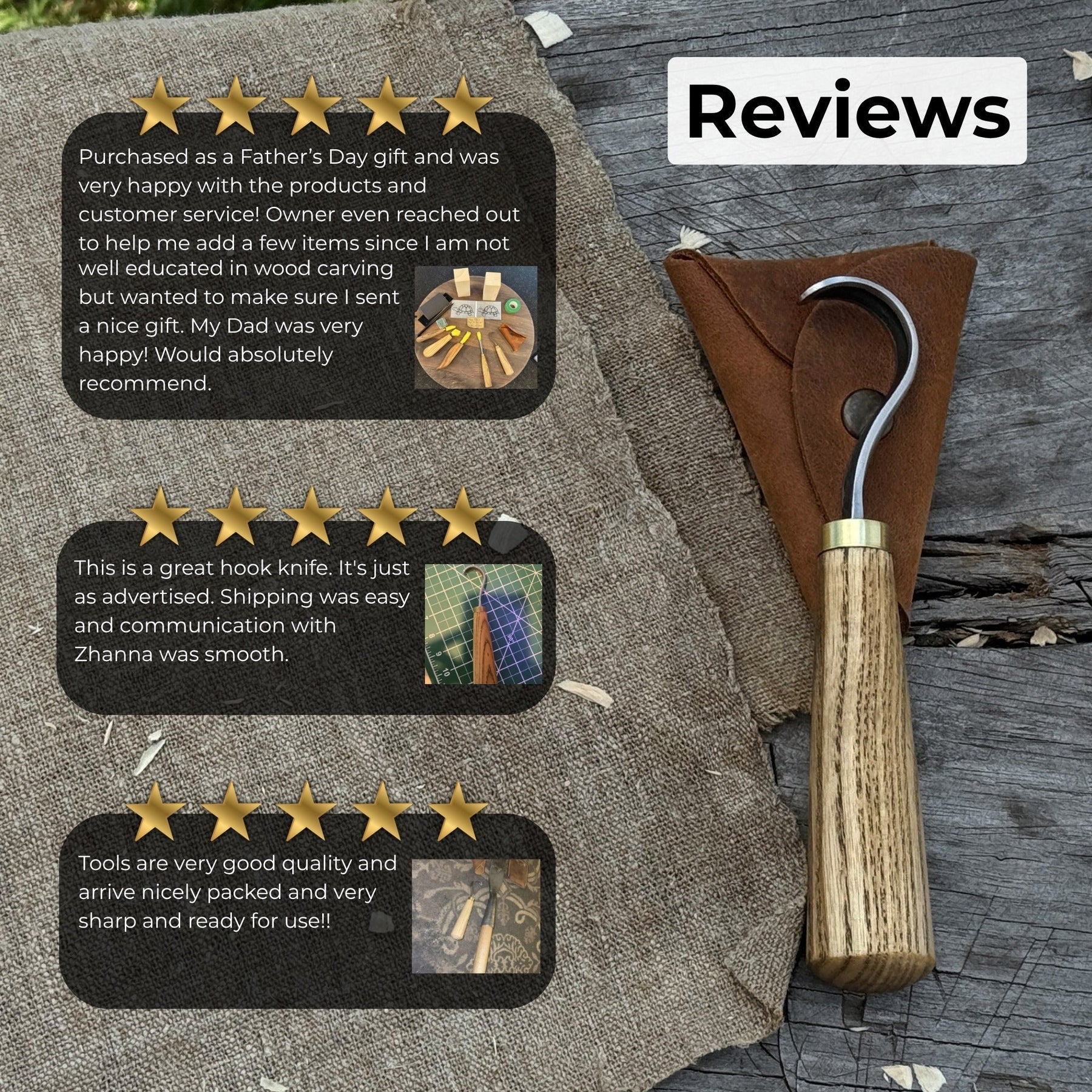 Spoon Carving Hook Knife with Leather Sheath, Blade 3.5 cm (1.38 inches)