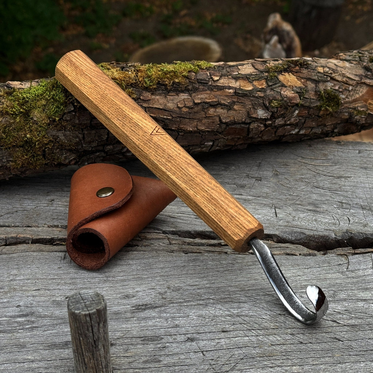 Spoon Carving Hook Knife with Leather Sheath by Sharky Forged Steel Tools — view 1