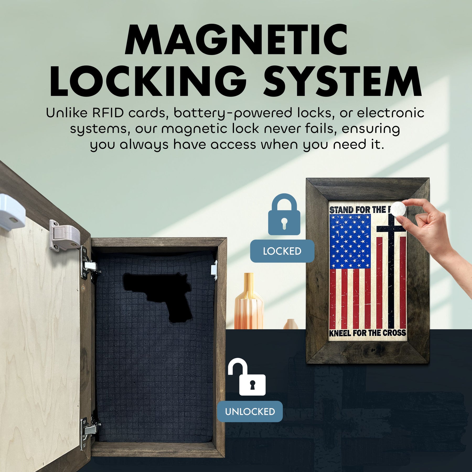 American Flag Hidden Gun Storage Cabinet - Stand For The Flag, Kneel For The Cross Concealed Gun Storage by Bellewood Designs, gun safes detail photo 4