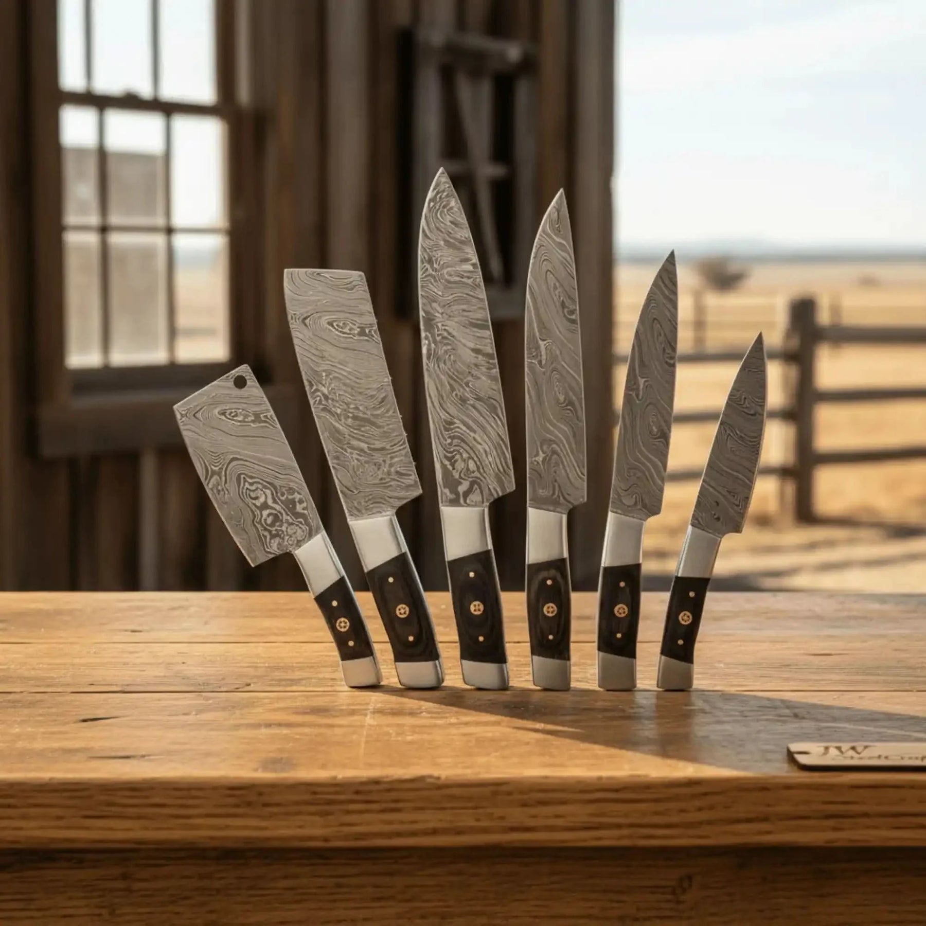 7-Piece Damascus Kitchen Knife Set — Chef, Santoku, Nakiri, Cleaver, Slicing, Utility & Paring with Dark Pakka Wood Handles