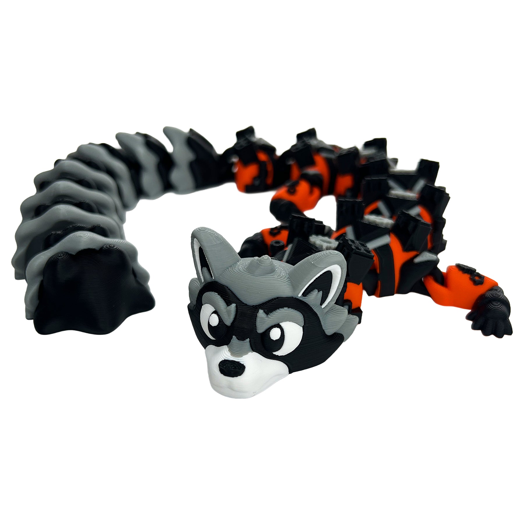 Star Bandit Dragon articulated 3D printed flexi dragon with cute masked face, orange accents, and fluffy striped tail