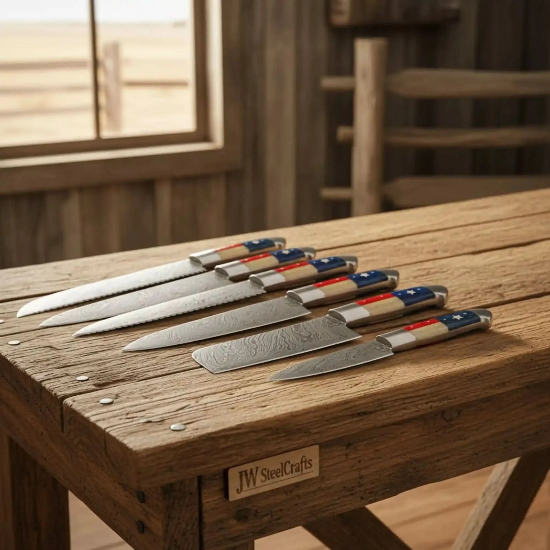 Handmade damascus steel knife with wood handle on dark surface