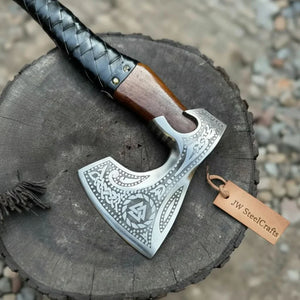 Viking Axe with Leather Wrapped Handle & Engraved Head – JW SteelCrafts