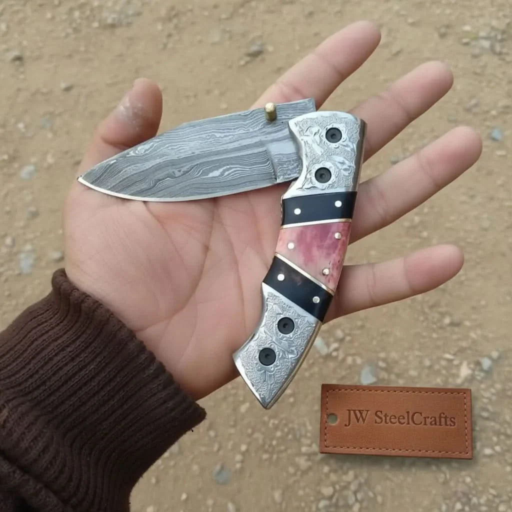 Handmade Damascus Folding Knife with Engraved Bolster, Black Resin and Colored Bone Handle – Custom EDC Pocket Knife by JW SteelCrafts by JW SteelCrafts