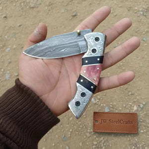 Handmade Damascus Folding Knife with Engraved Bolster, Black Resin and Colored Bone Handle – Custom EDC Pocket Knife by JW SteelCrafts by JW SteelCrafts