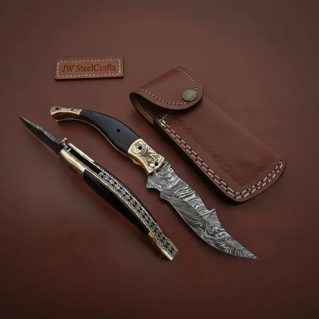 Handmade Damascus Steel Folding Knife with Teal Handle, Engraved Bolster & Leather Sheath by JW SteelCrafts