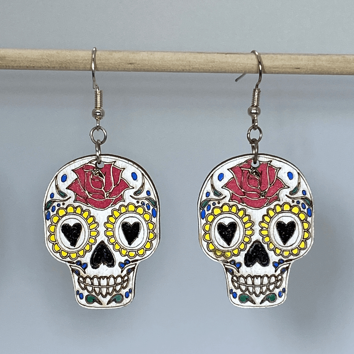 Sugar Skull Wooden Dangle Earrings | Day of the Dead Jewelry